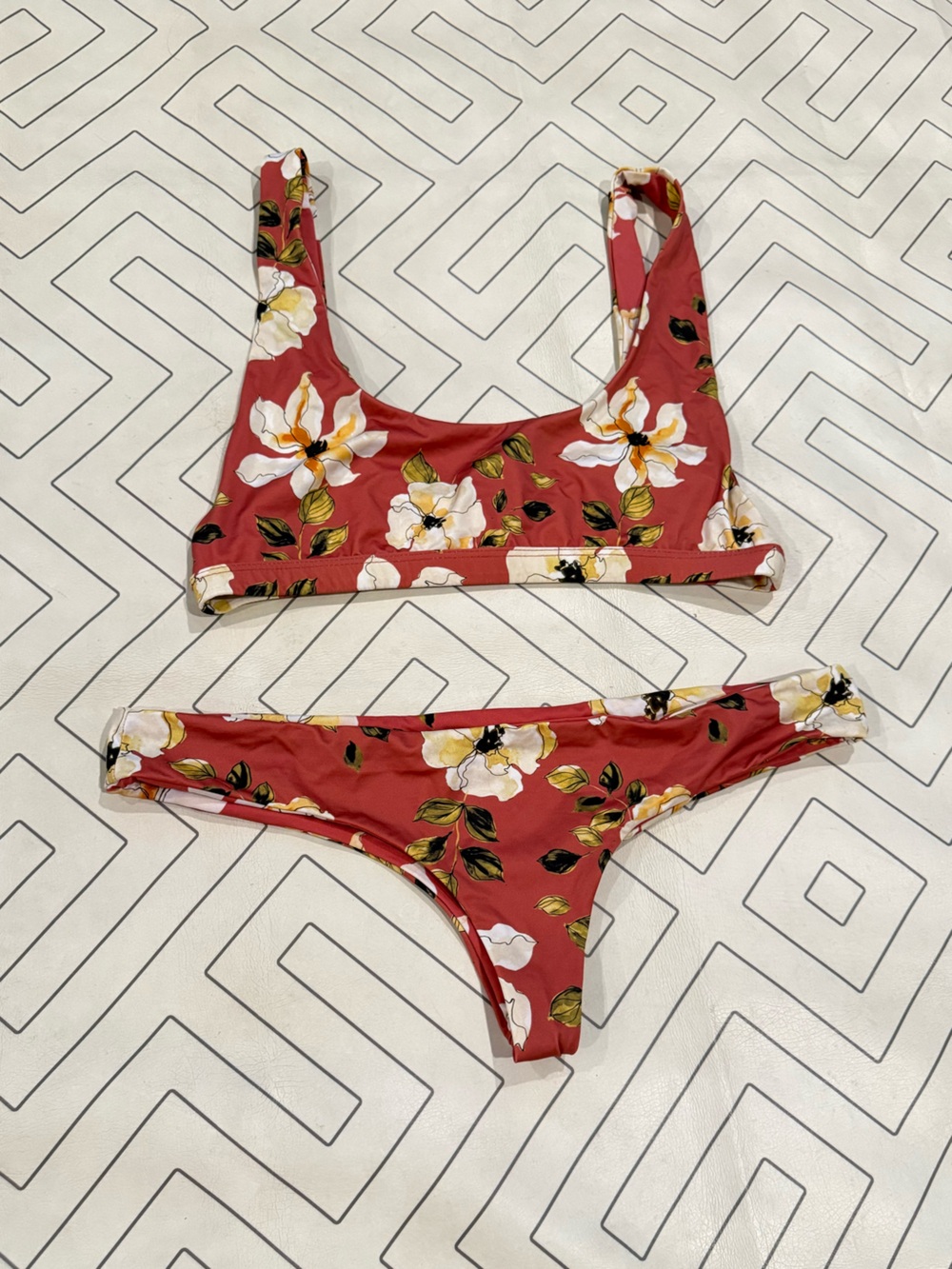 Beach Riot Floral Scoop Neck Bikini Set in Clay Red and Cream